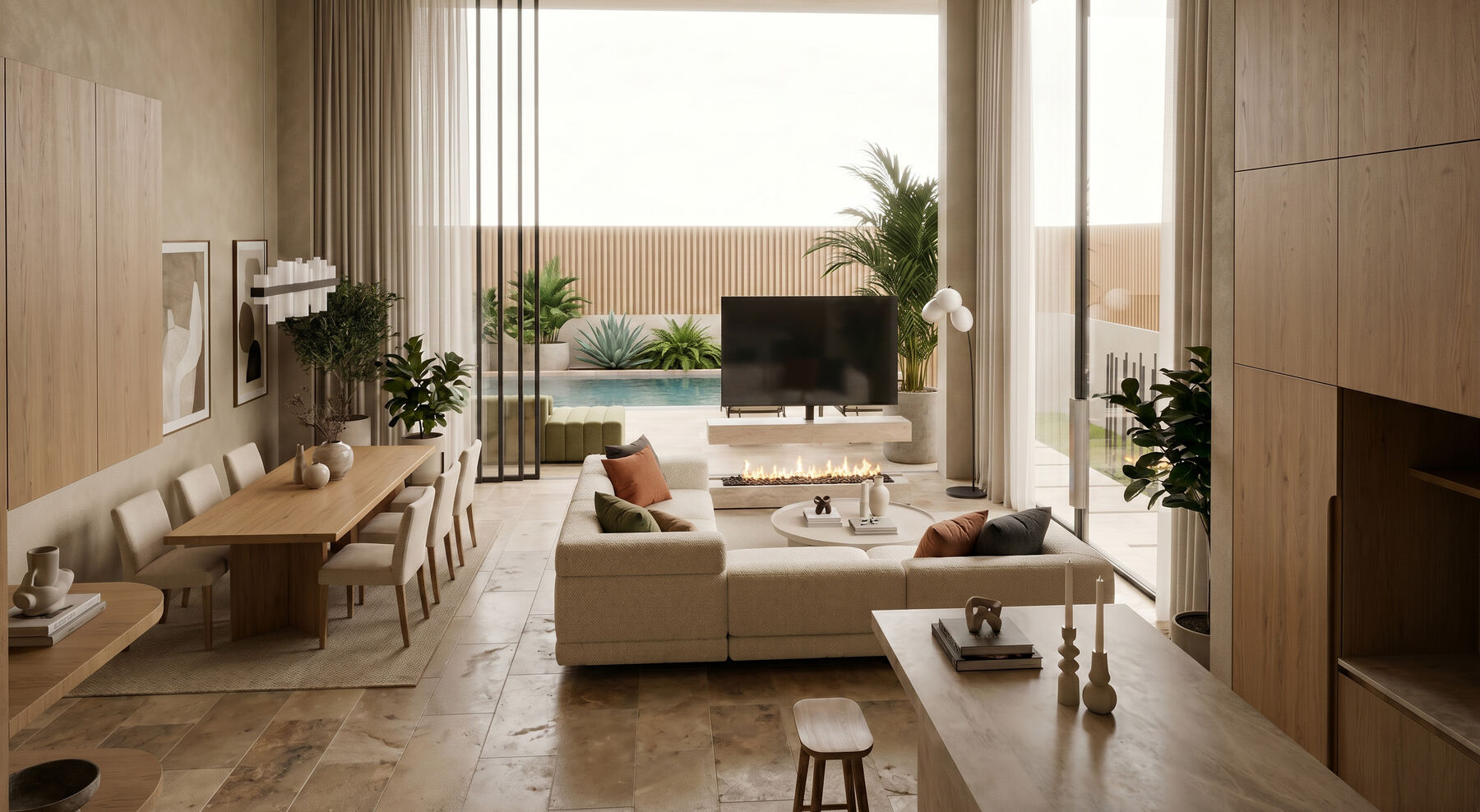 Residence A — living room, pool view