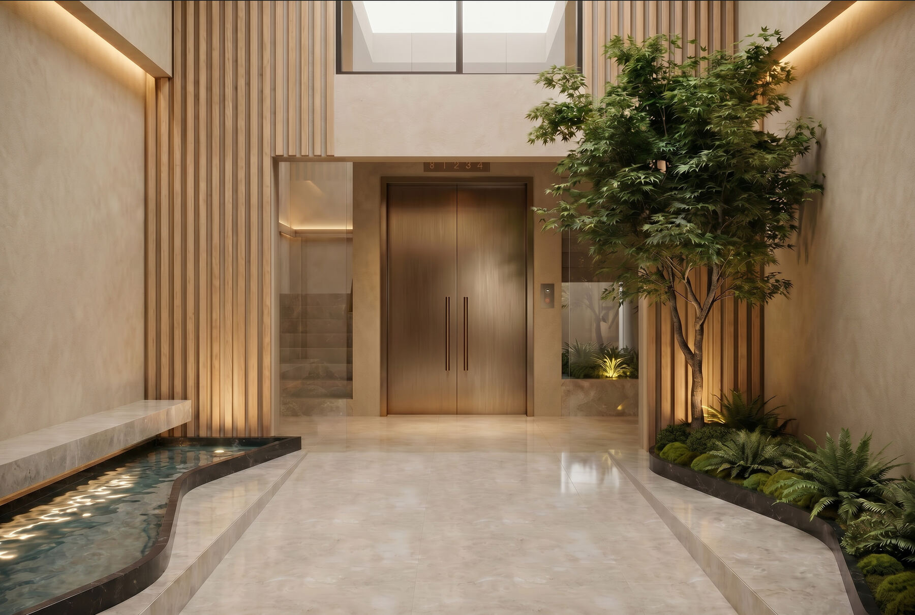 Central entrance with water feature and atrium