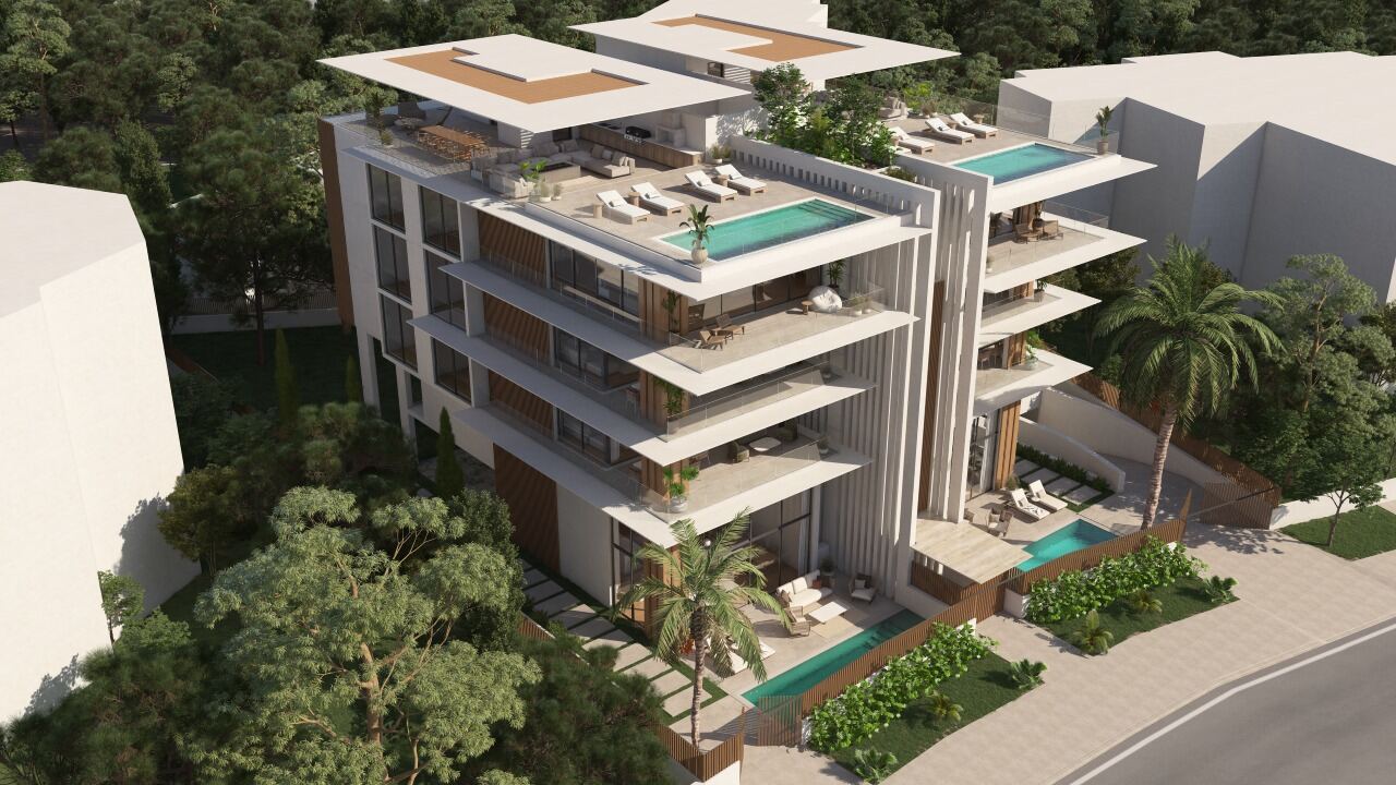 Aerial view — roof gardens and pools