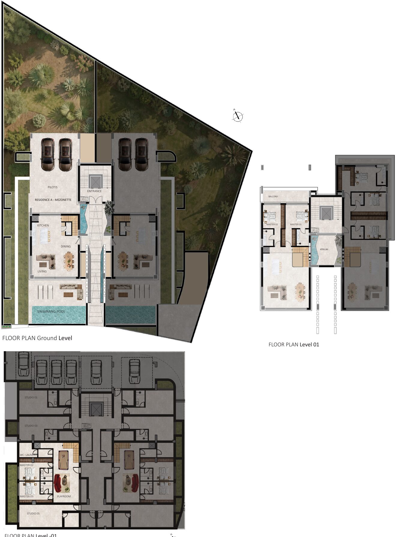 Residence A — floor plans: Ground, Level 01, Level -01