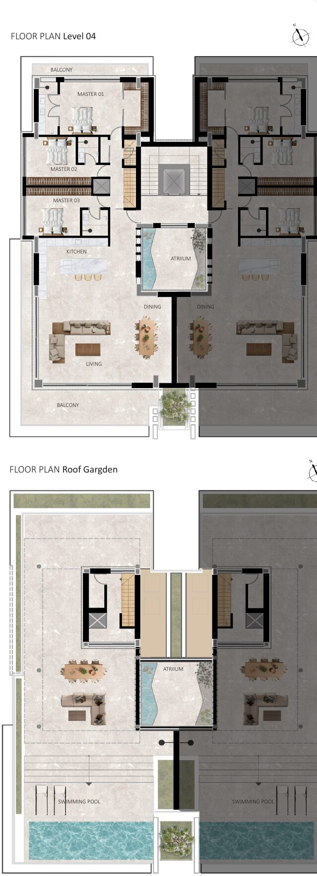 Residence D — floor plans Level 04 and roof garden